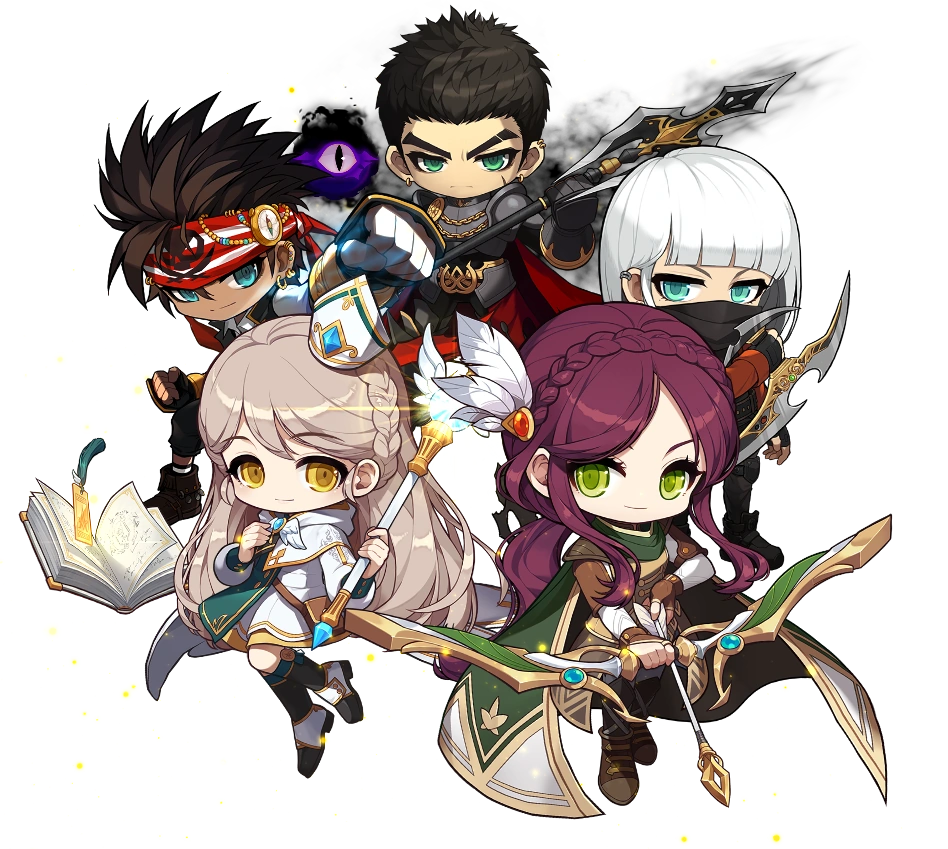 Five explorers with different classes (mage, thief, pirate, warrior, archer)